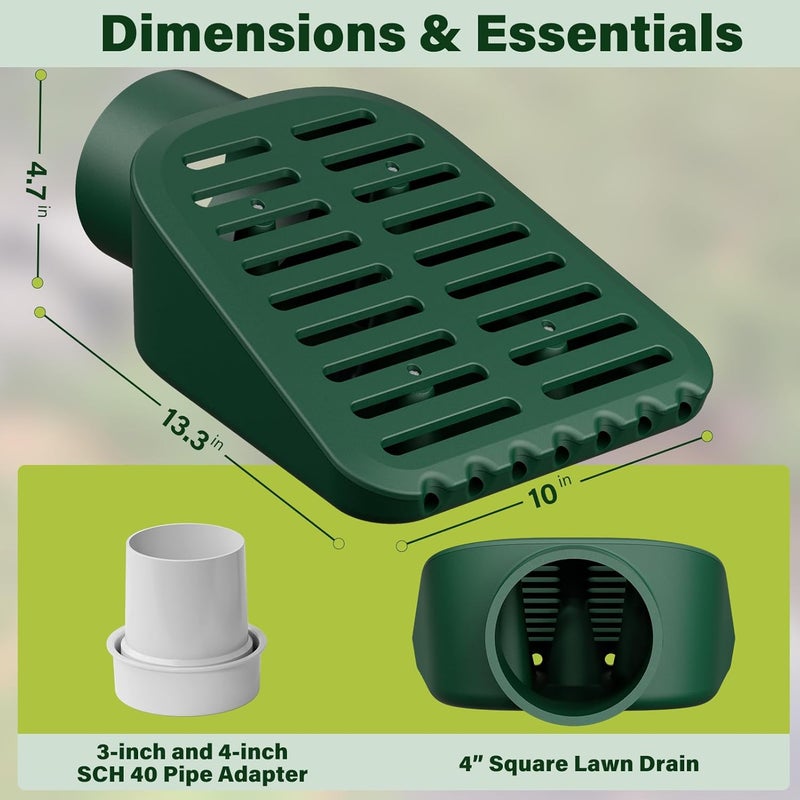 Debialo 4in. Grate Yard Drain, Yard Drain Emitter for Sump Pump Discharge & Downspout Extensions, 10" W x 11.5" L x 4.7" H, Protects Foundation, Prevents Standing Water – Includes 3" & 4" SCH 40 Pipe Adapter - Image 2